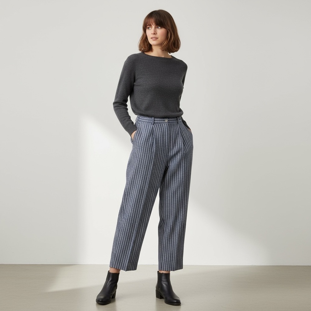 Vintage Handmade Blue Silver Gray Seersucker High Waist Pleated Trouser Size M
